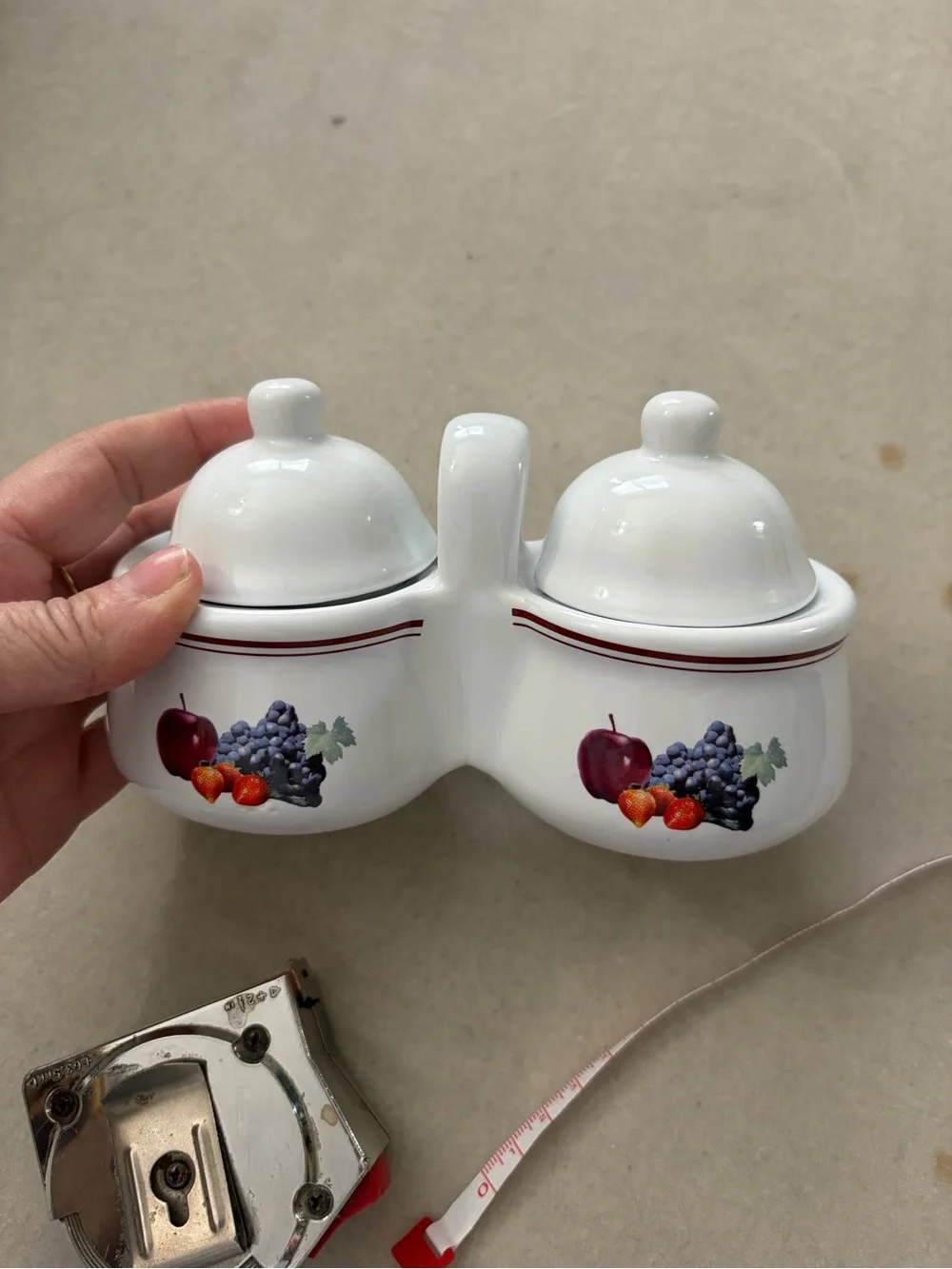 White Double Ceramic Condiment Server with Fruit Motif